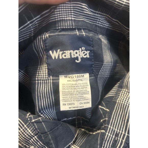 Wrangler Western Shirt Men’s XXL Blue Plaid Pearl Snap Short Sleeve Button Up - Picture 2 of 5